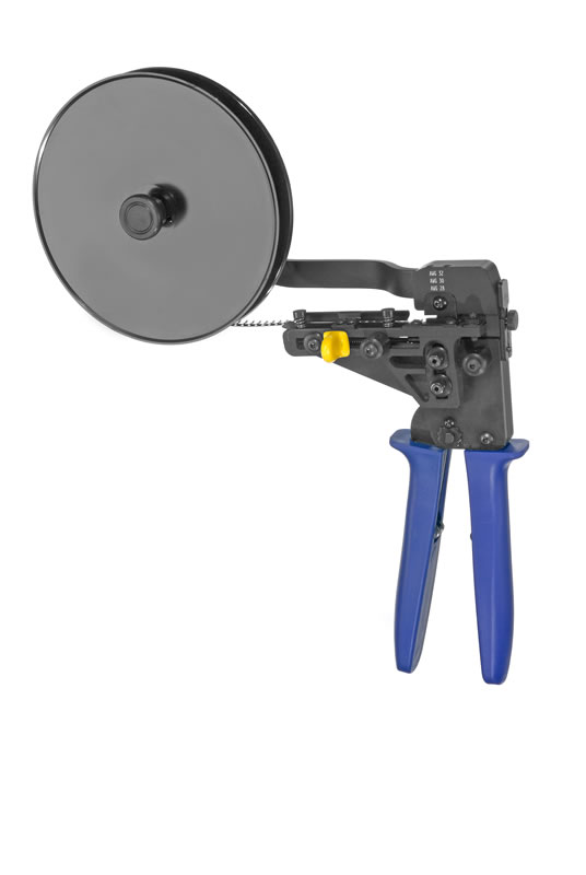 Hand crimp tool with reel hanger